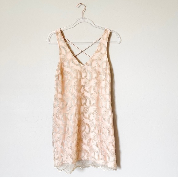 ASTR The Label Women's Mini Shift Dress Gold Embroidered Overlay Blush XS - Picture 1 of 7